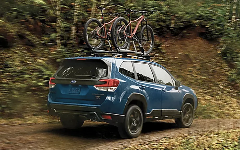 Forester driving through the woods